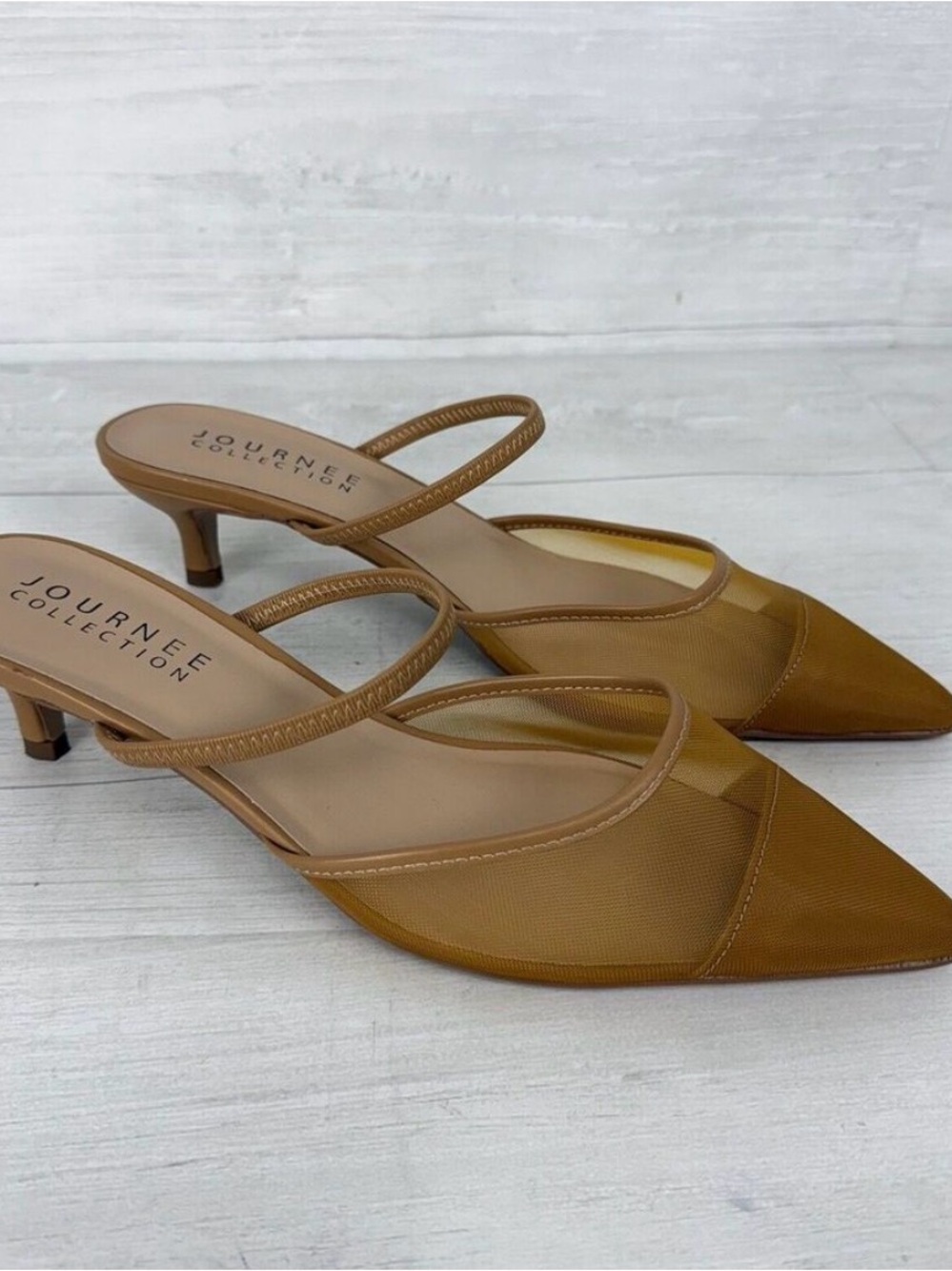 Journee Collection Tan Mesh Pointed-Toe Kitten Heel Mules